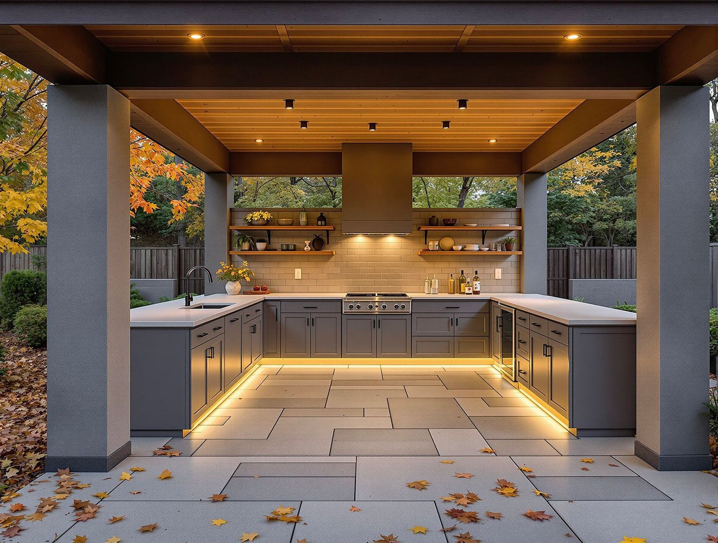 Gray Pergola Kitchen with Autumn Leaf-Strewn Patio
