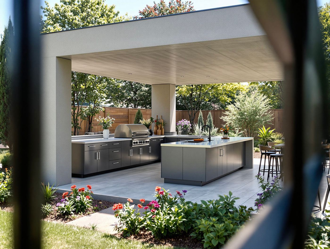 Gray Outdoor Kitchen Under Concrete Pavilion
