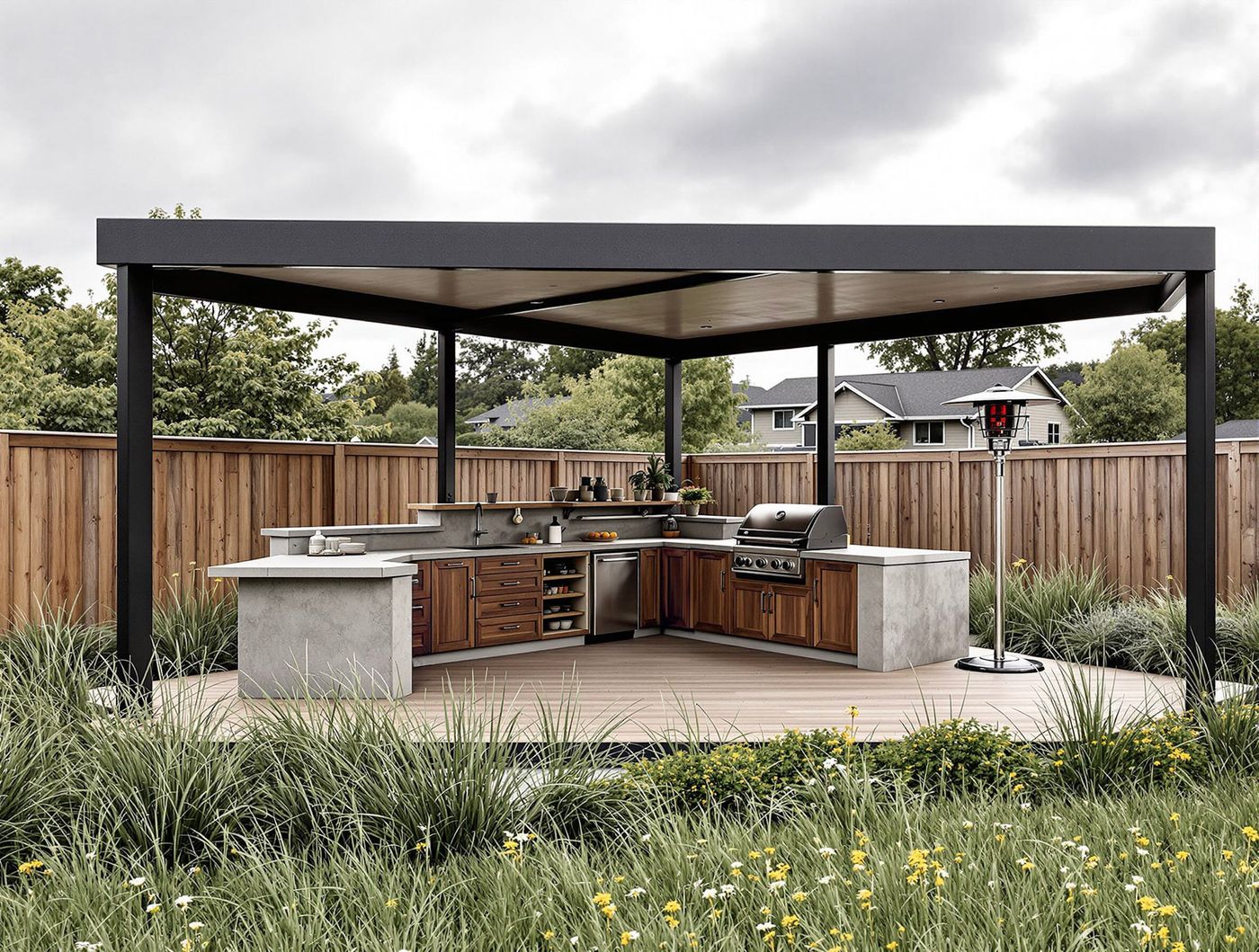 Concrete Island Kitchen Under Black Pergola