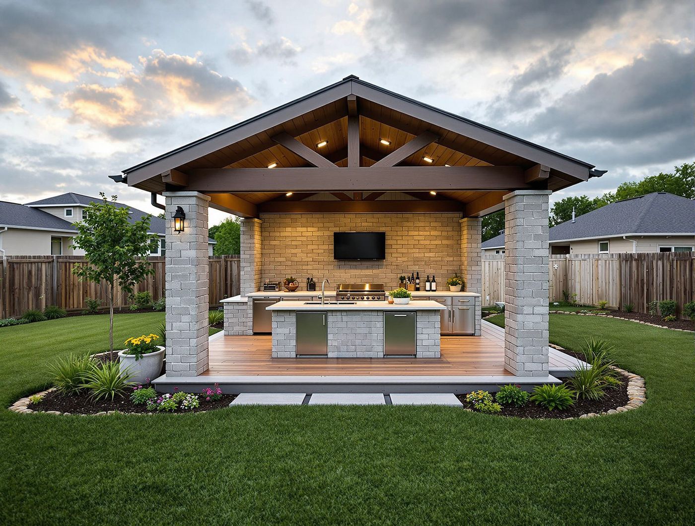 Stone Column Kitchen with Mounted TV