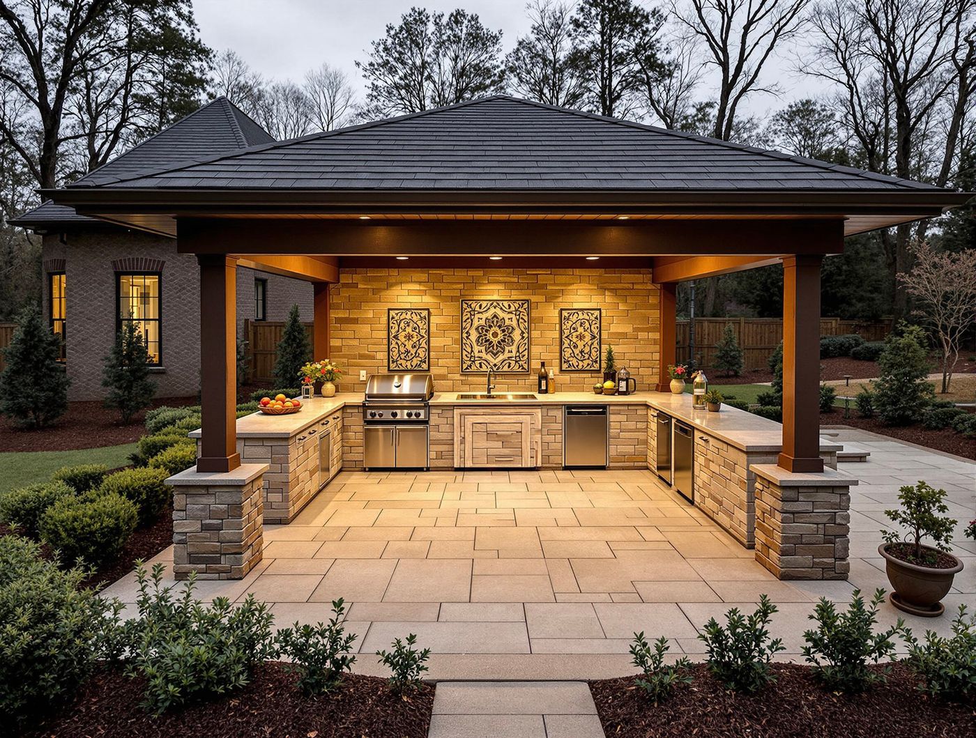 Stone Backsplash Kitchen with Brick Columns