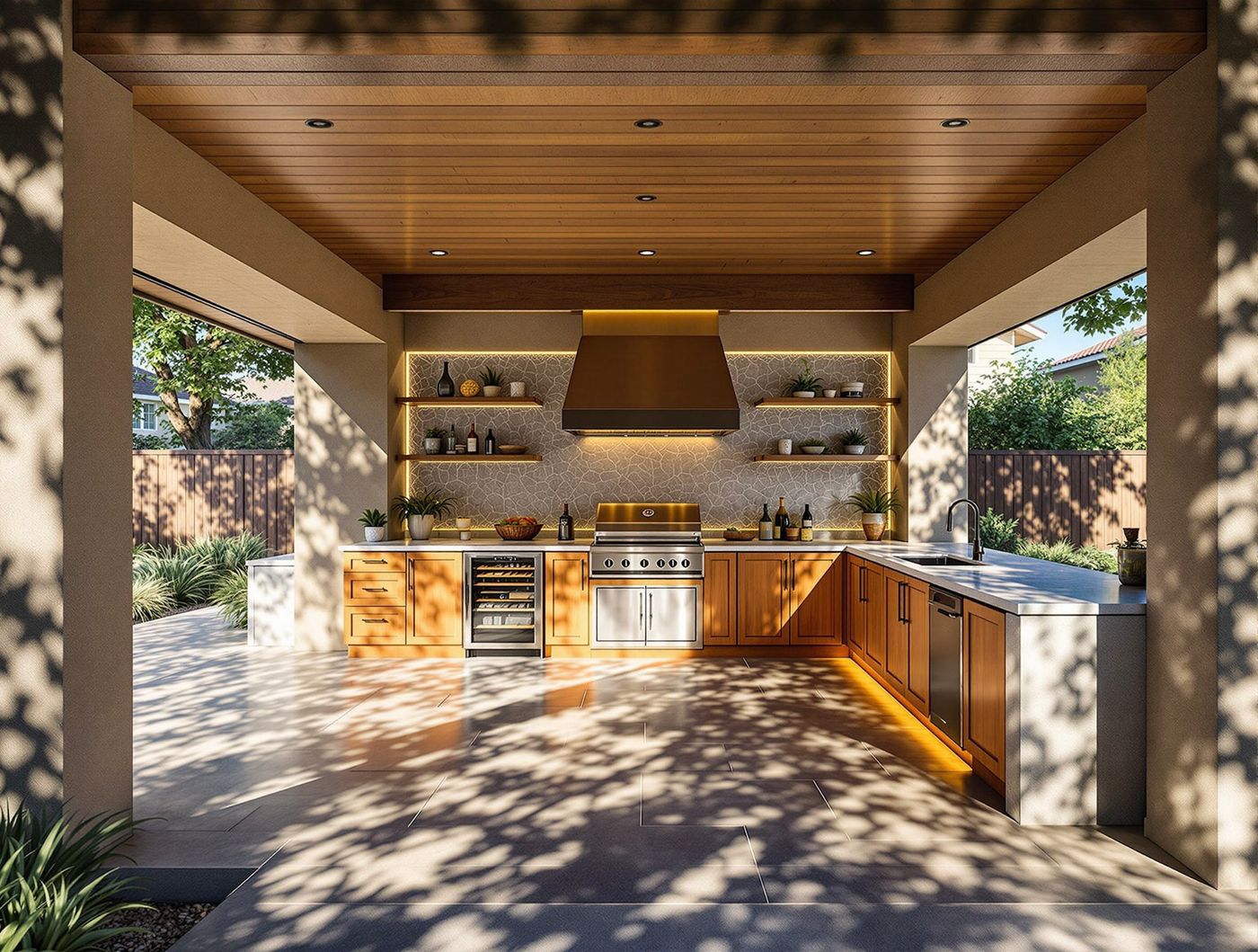 Wood Slat Kitchen with Floating Shelves