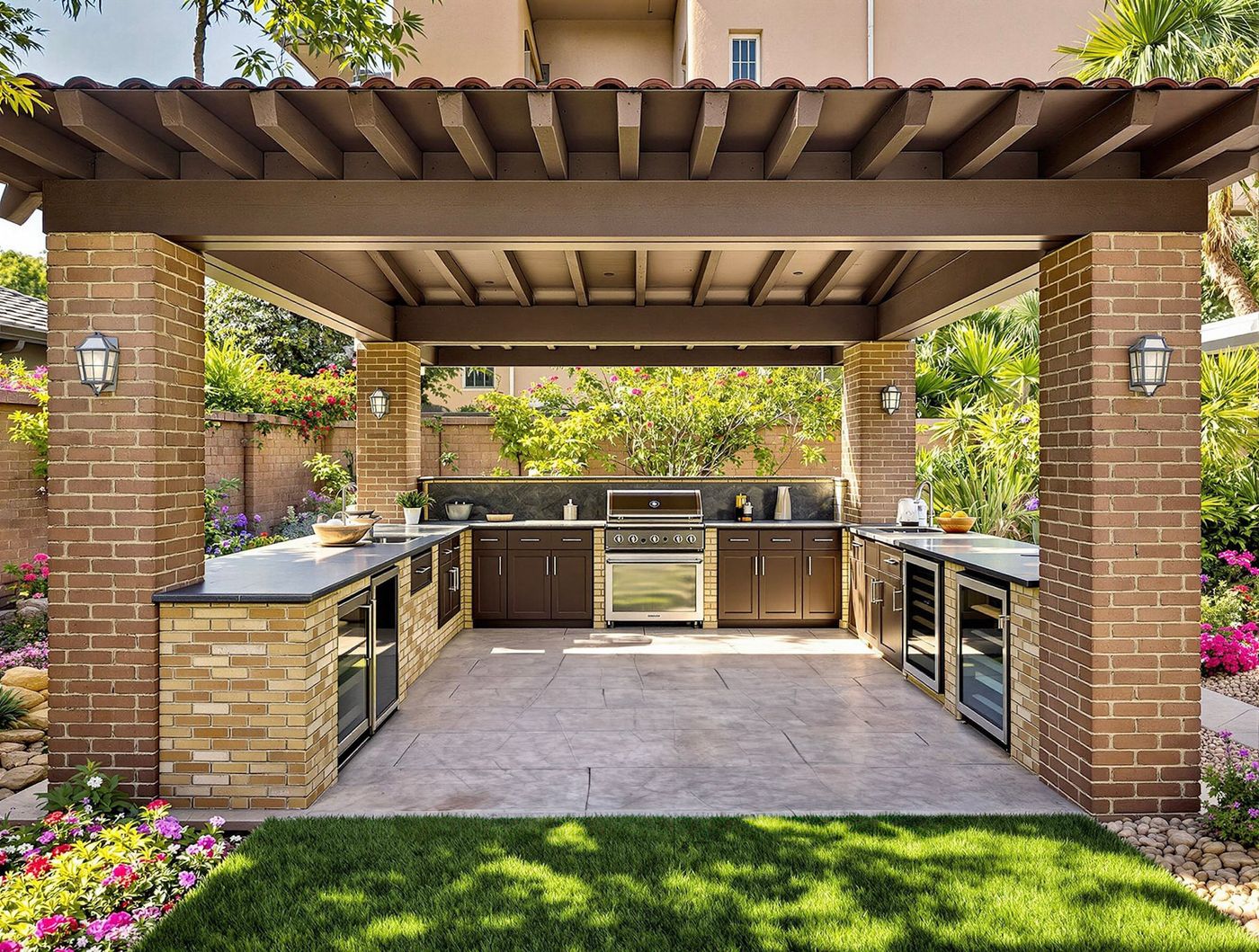 Brick Column Kitchen Under Tiled Pergola
