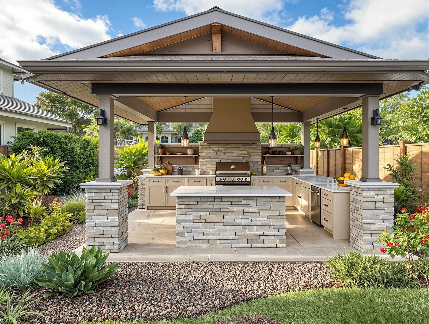 Stone Column Kitchen with Pendant Lighting