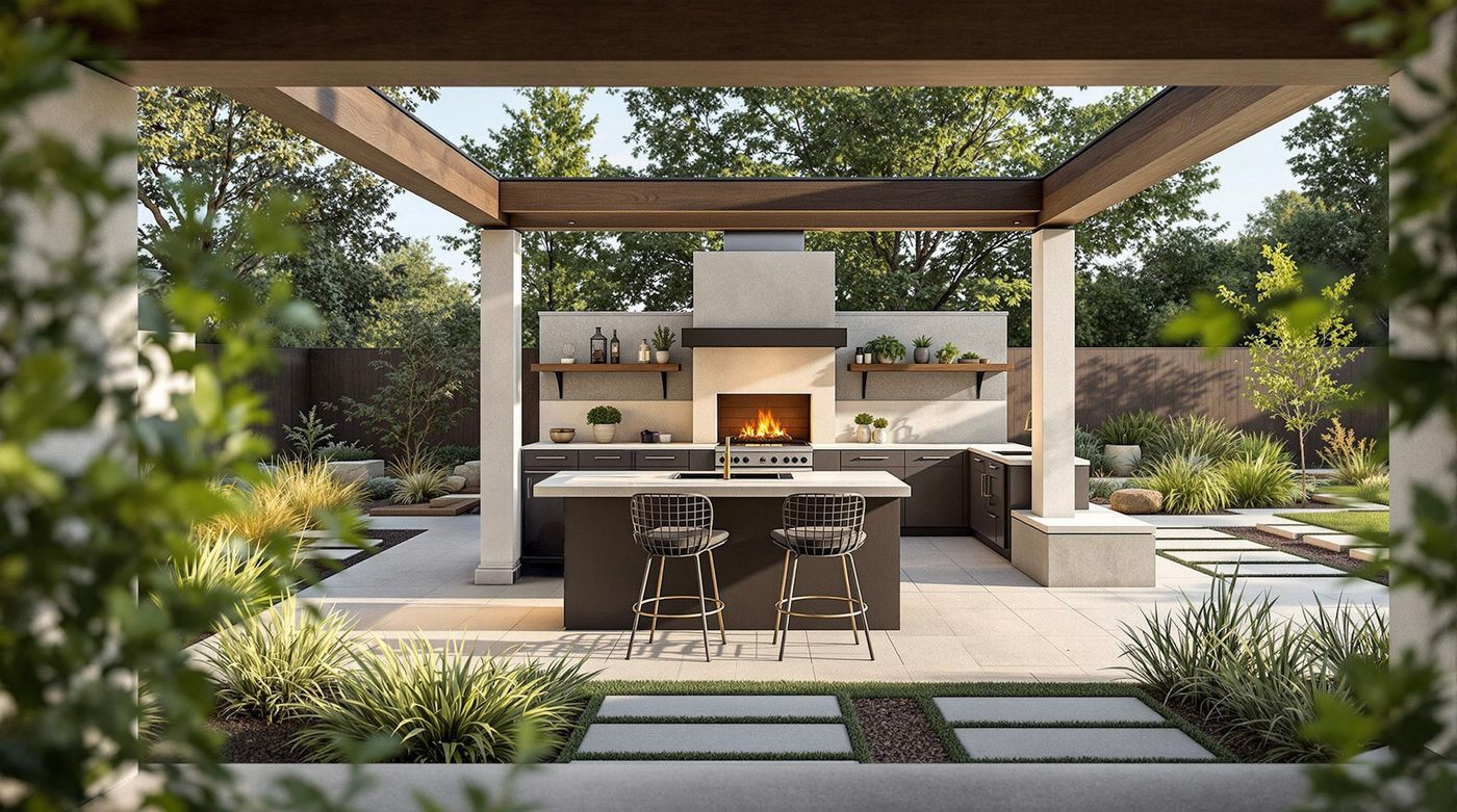 Modern Kitchen with Fireplace and Wire Stools