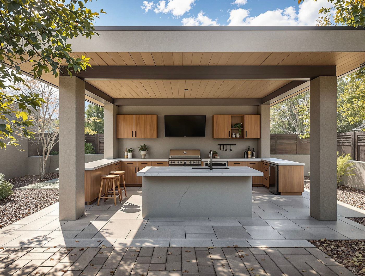 Flat-Roof Kitchen with Mounted TV and Island