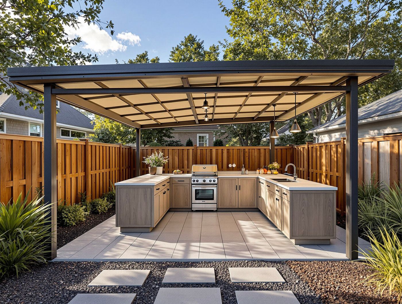 Steel Pergola Kitchen with Gravel Pathway