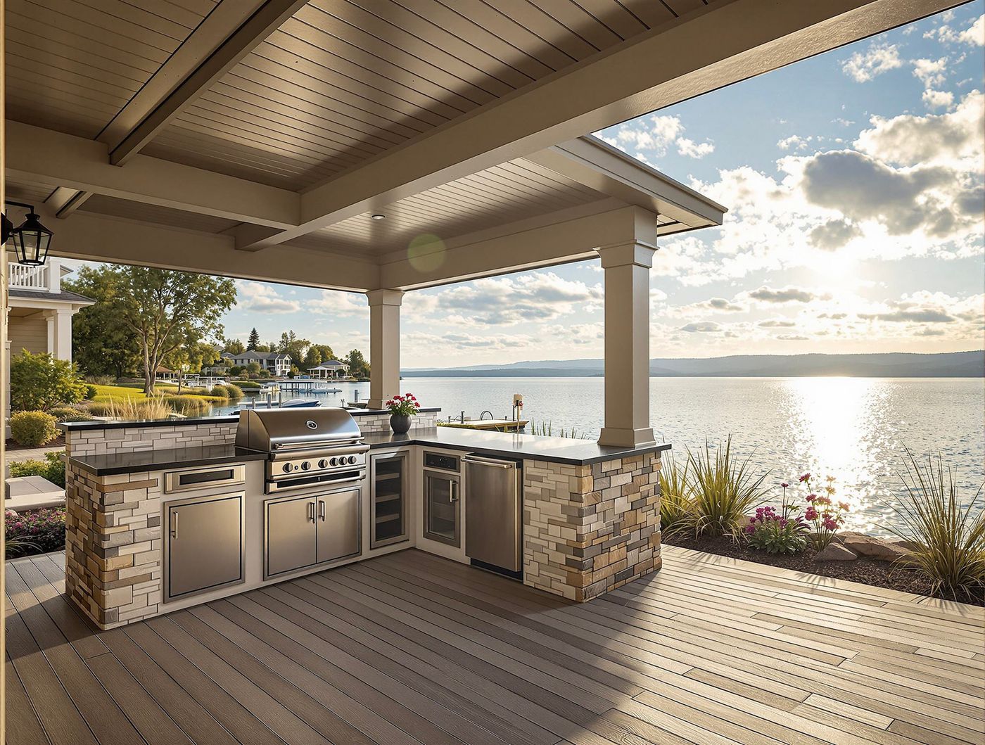 Lakeside Stone Kitchen with Water View