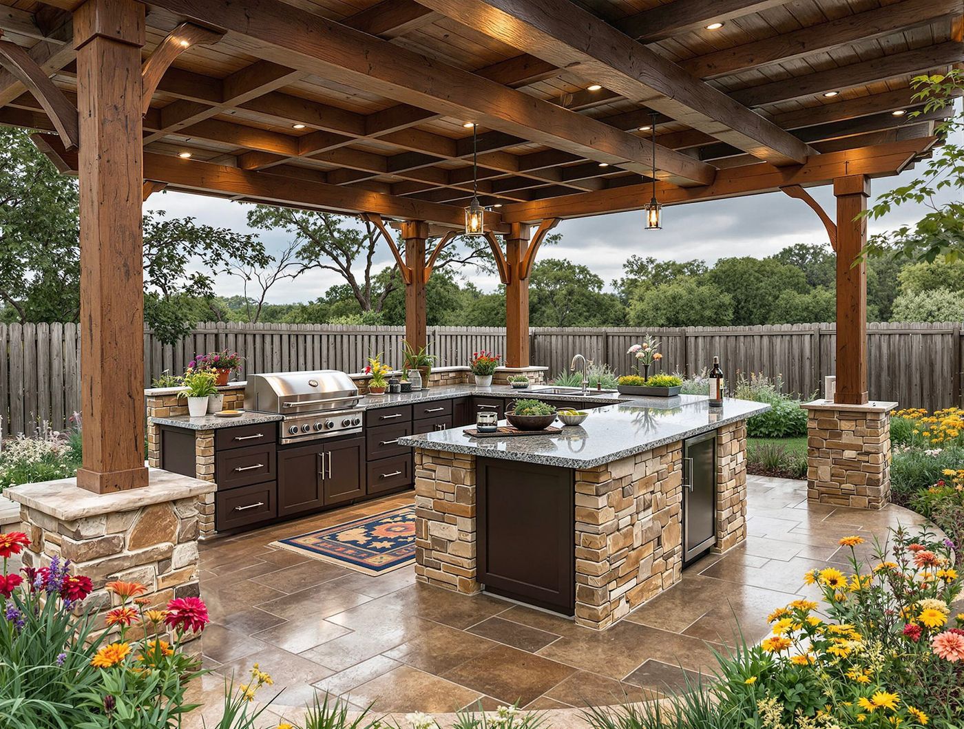Timber Pergola Kitchen with Stone Island