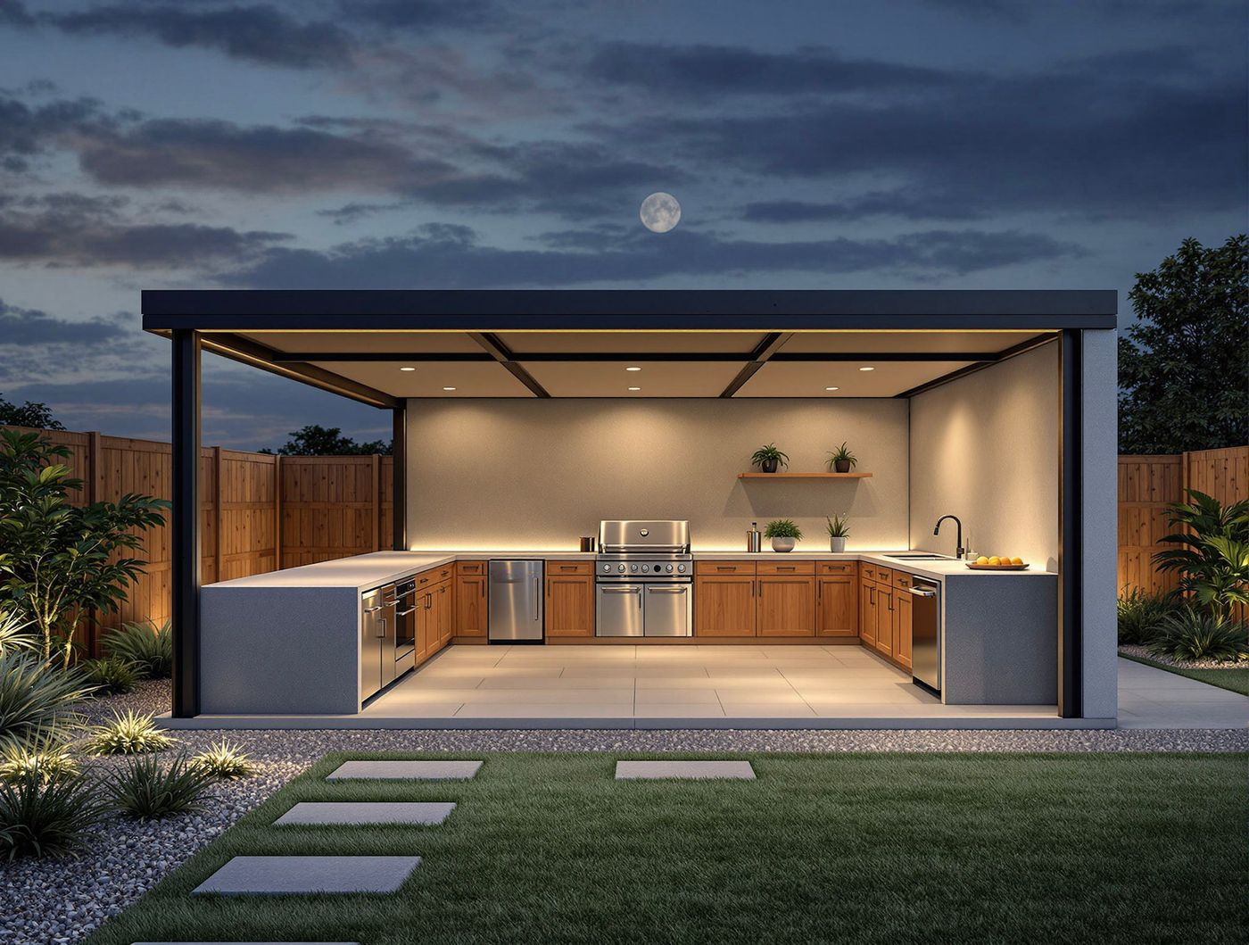 Modern Gray Kitchen Lit at Dusk