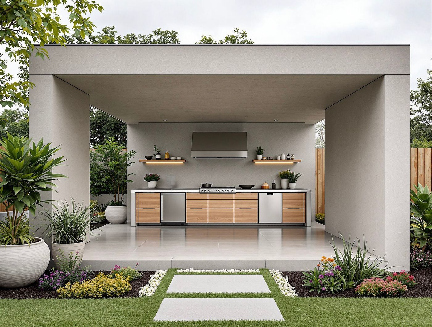 Minimalist Concrete Kitchen with Stepping Path