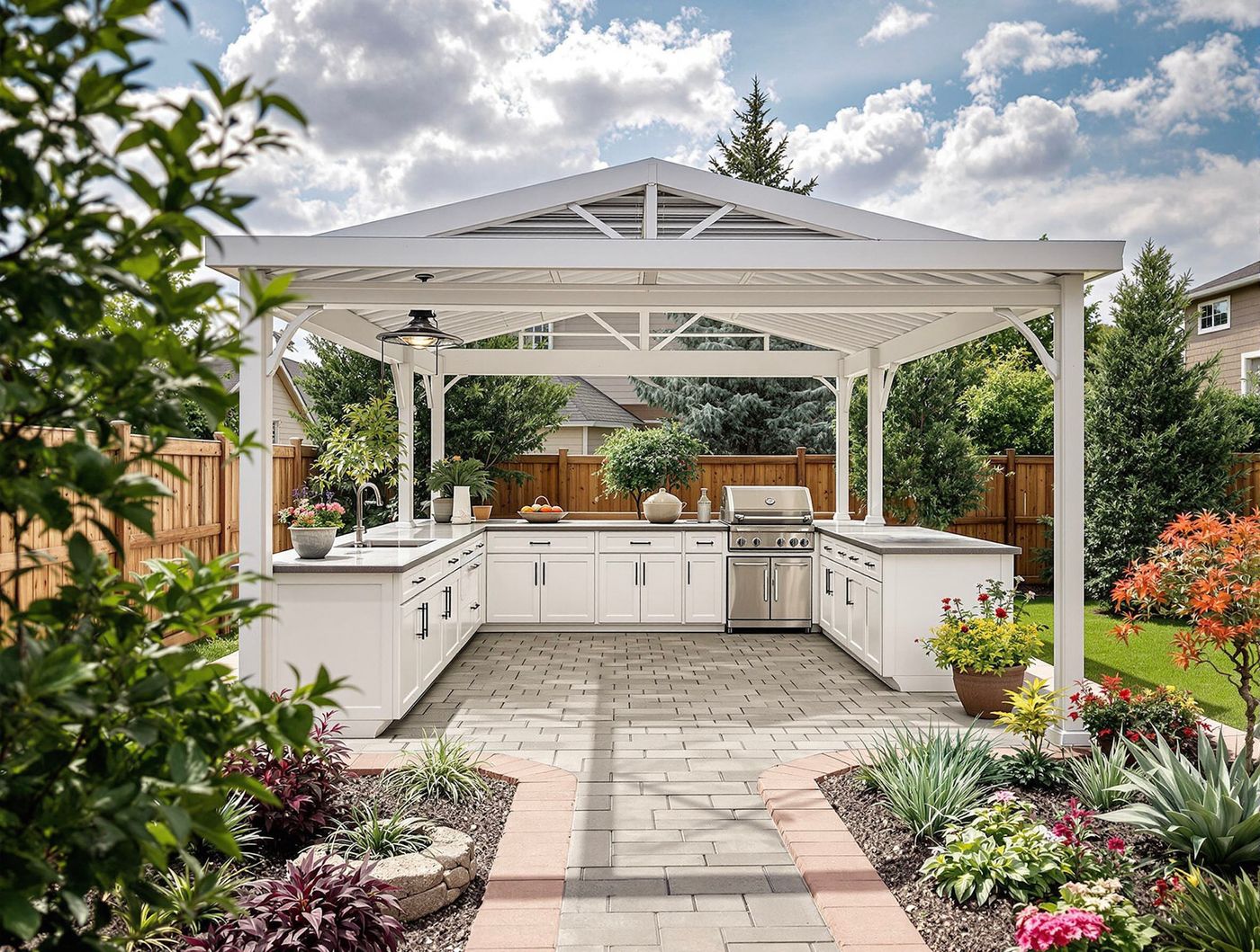 White Gazebo Kitchen with Cross Truss Roof