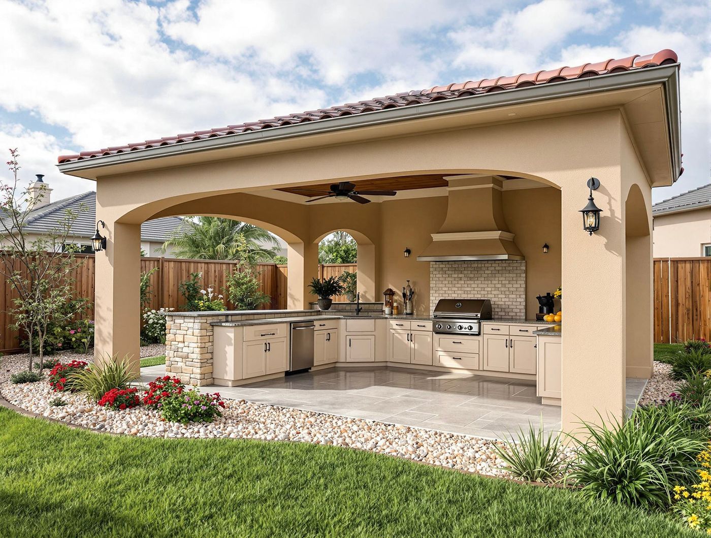 Mediterranean Stucco Kitchen with Arched Openings