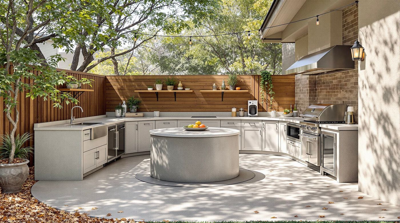 Curved Concrete Island Outdoor Kitchen