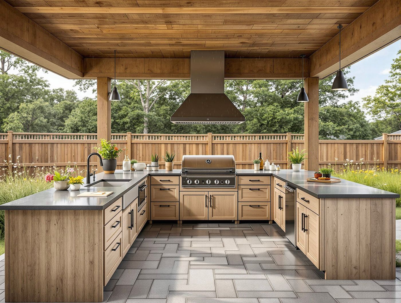 Wood Pergola Kitchen with Pendant Lights