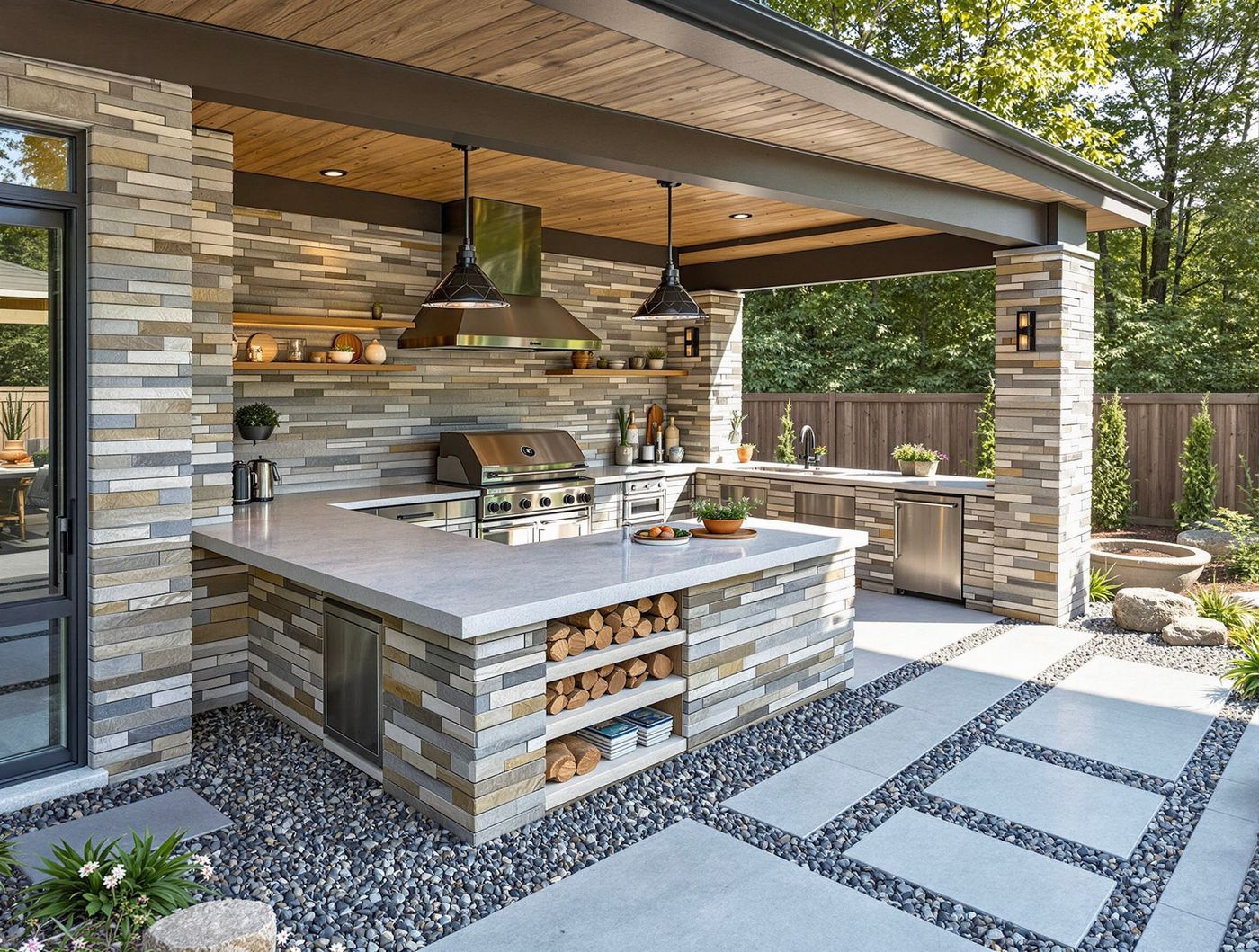 Stacked Stone Kitchen with Log Storage