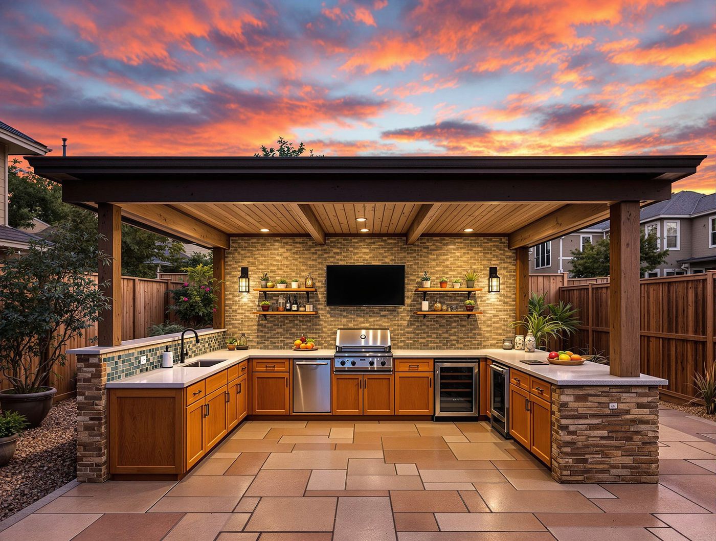 Brick Kitchen Under Sunset Sky