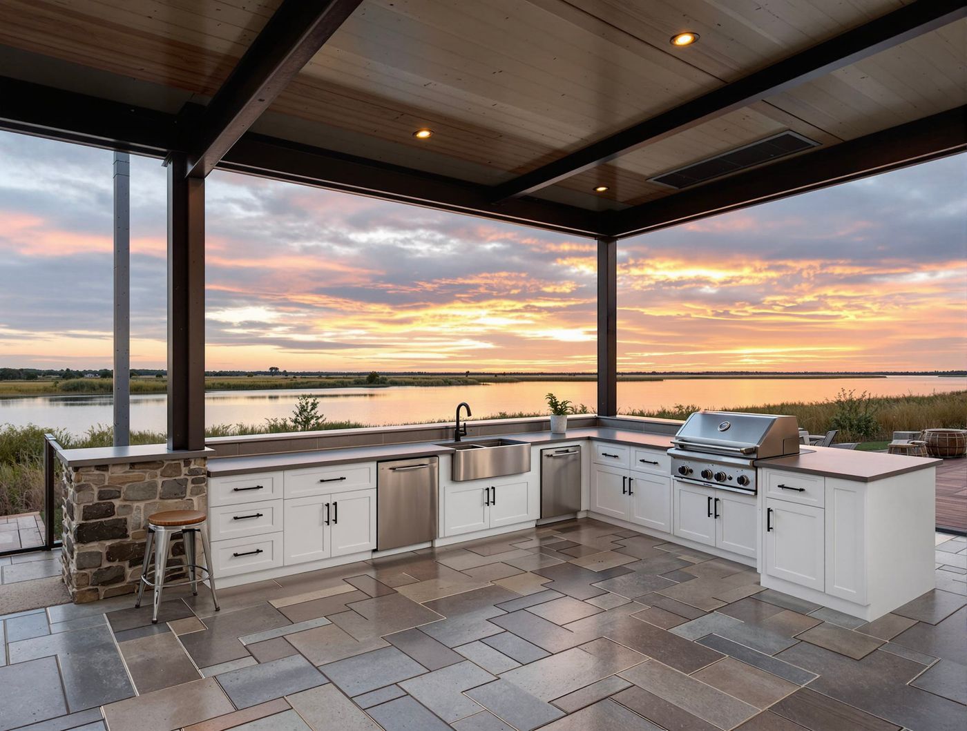 Waterfront Kitchen with Stone Bar Base