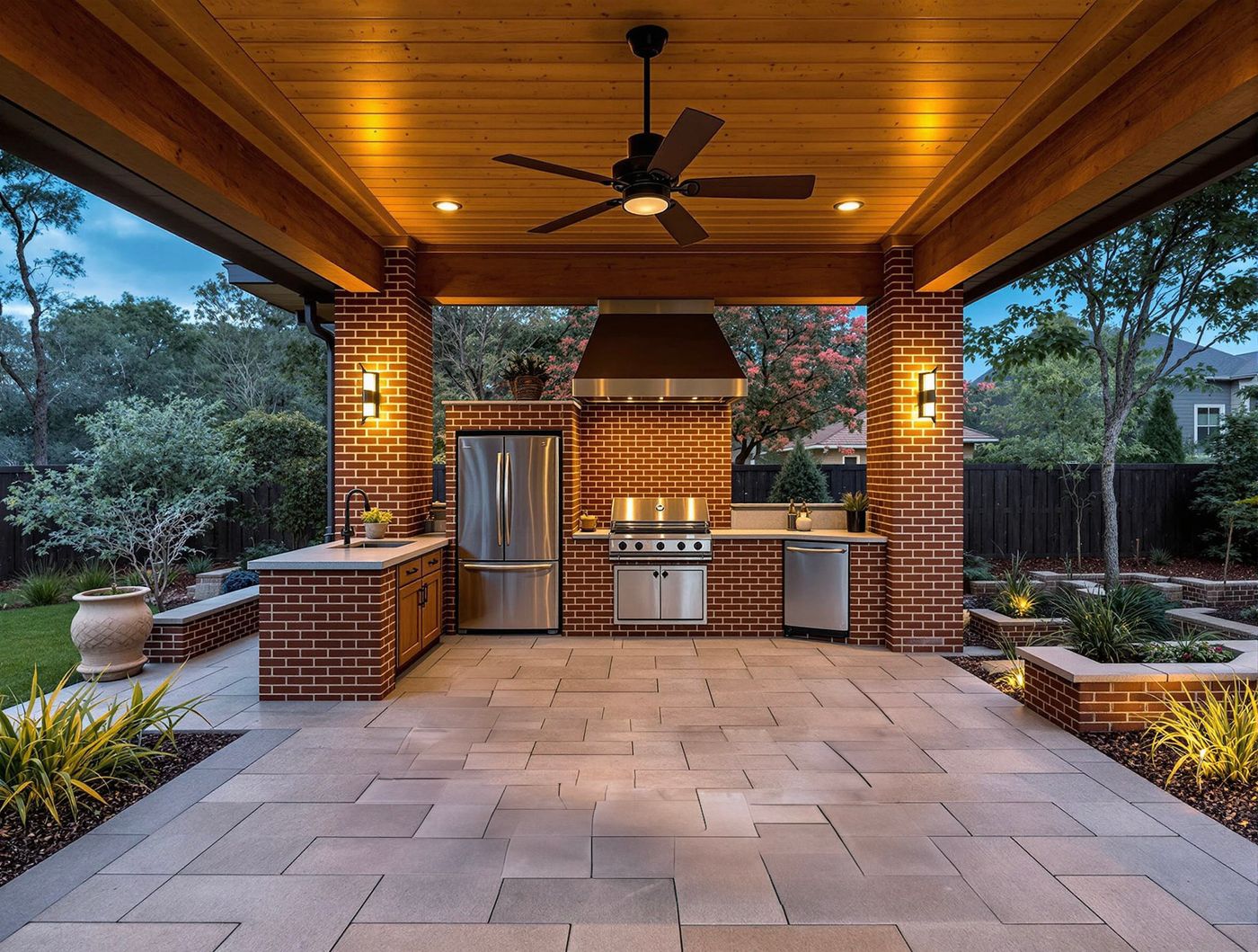 Brick Column Kitchen with Ceiling Fan