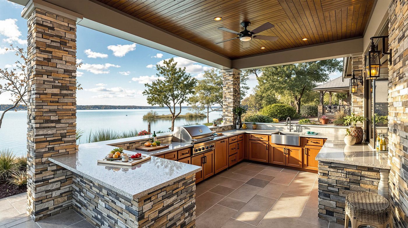 Stacked Stone Kitchen Overlooking Lake