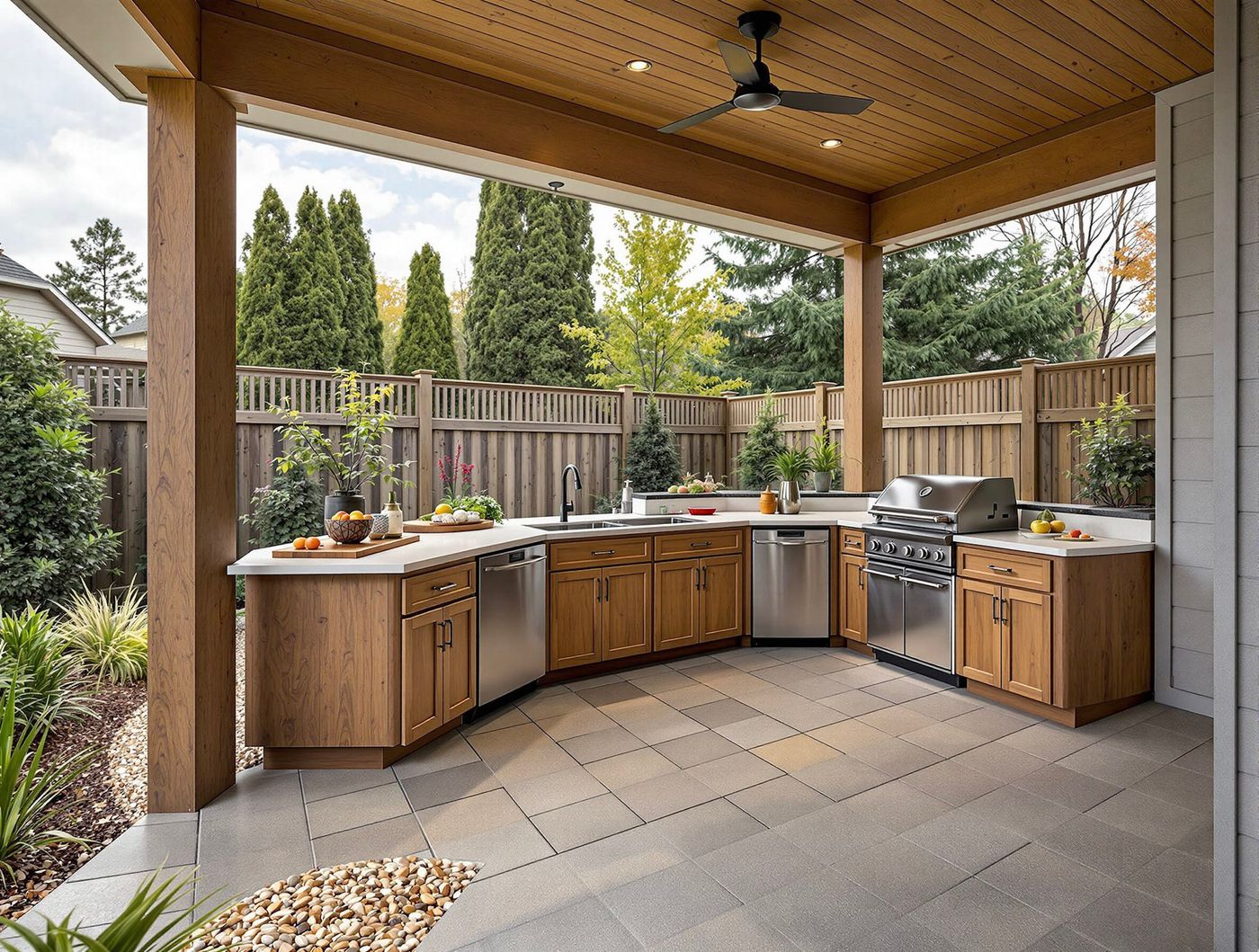 Curved Island Kitchen with Ceiling Fan