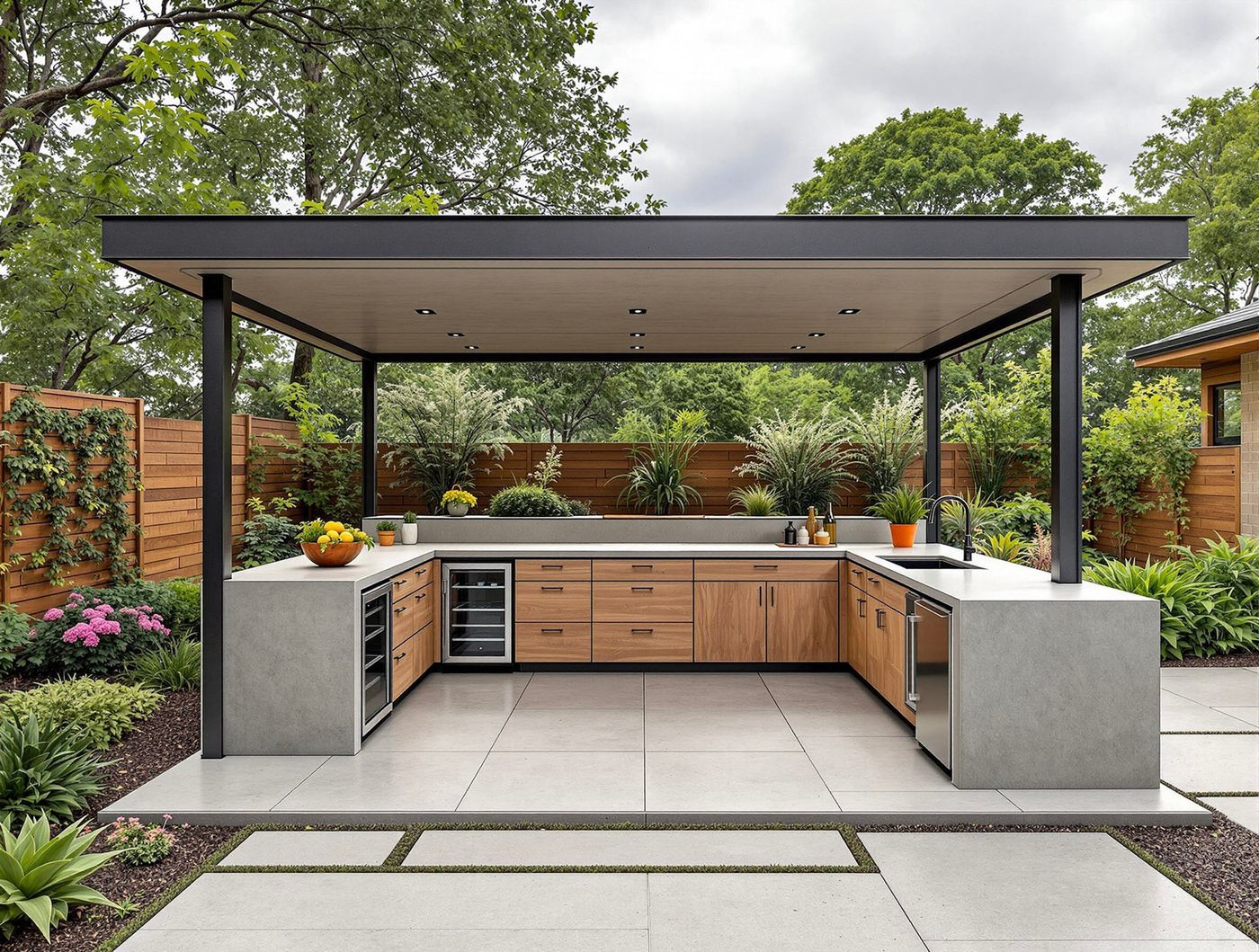 Modern Pergola Kitchen with Concrete Islands