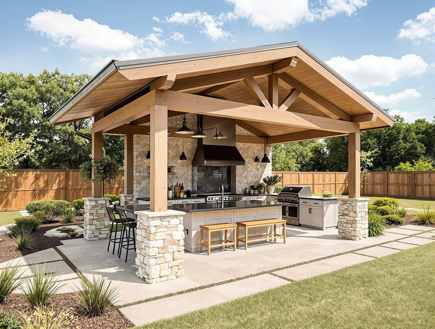 Timber Gable Kitchen with Stone Columns