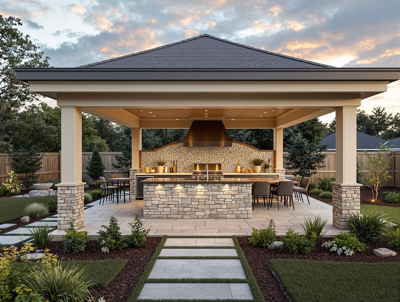 Hip-Roof Pavilion Kitchen at Dusk