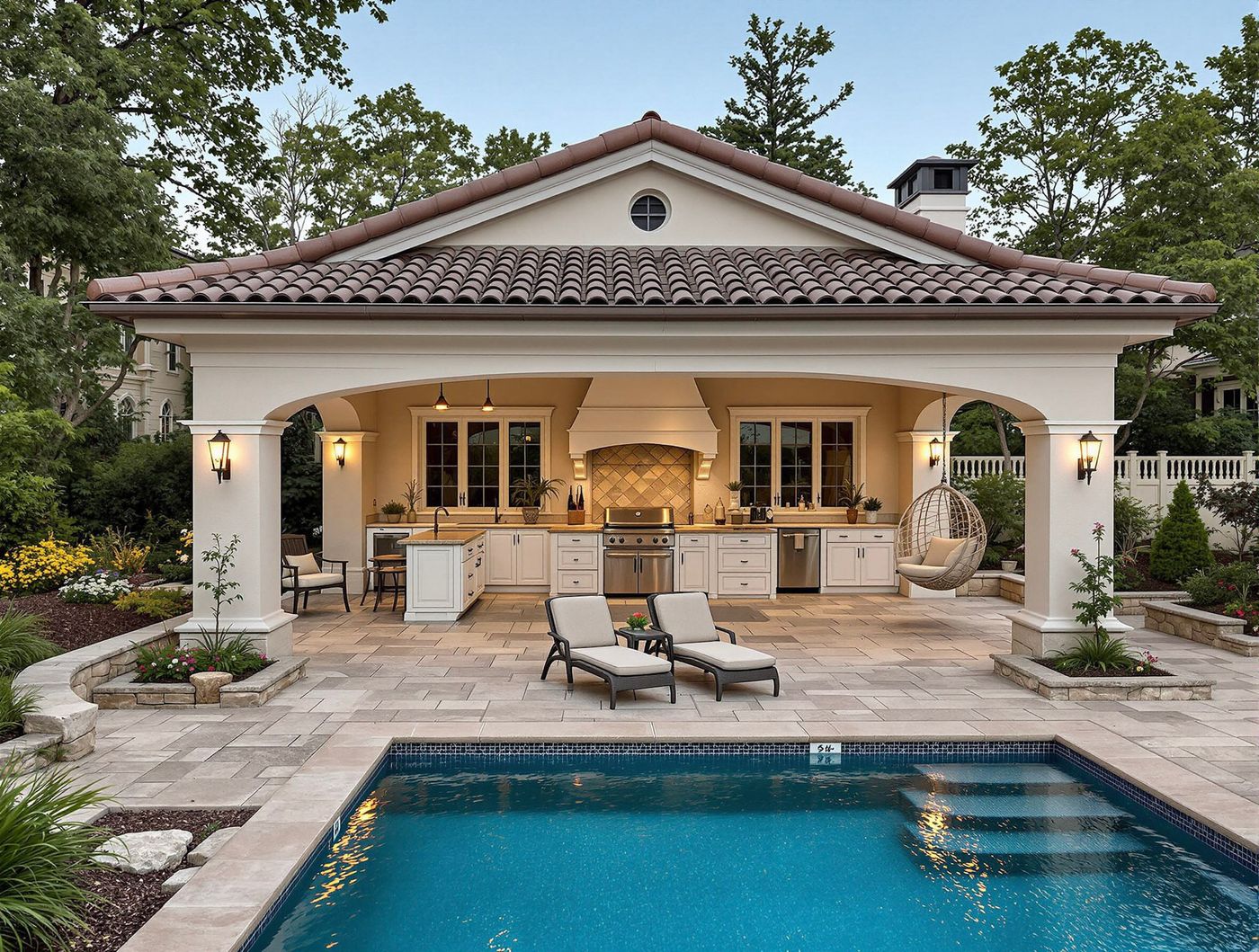 Mediterranean Pool House with Terracotta Roof