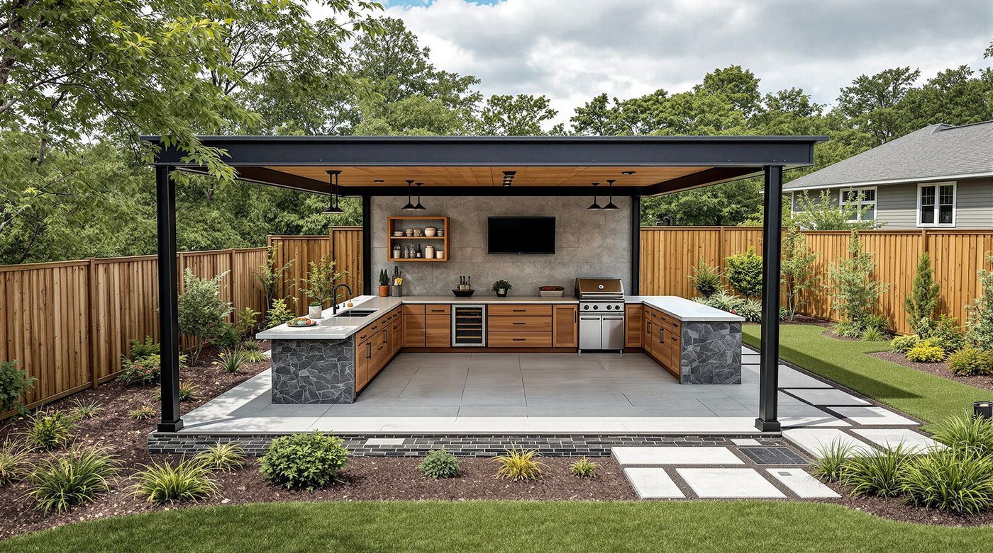 Black Steel Pergola Kitchen with TV Wall