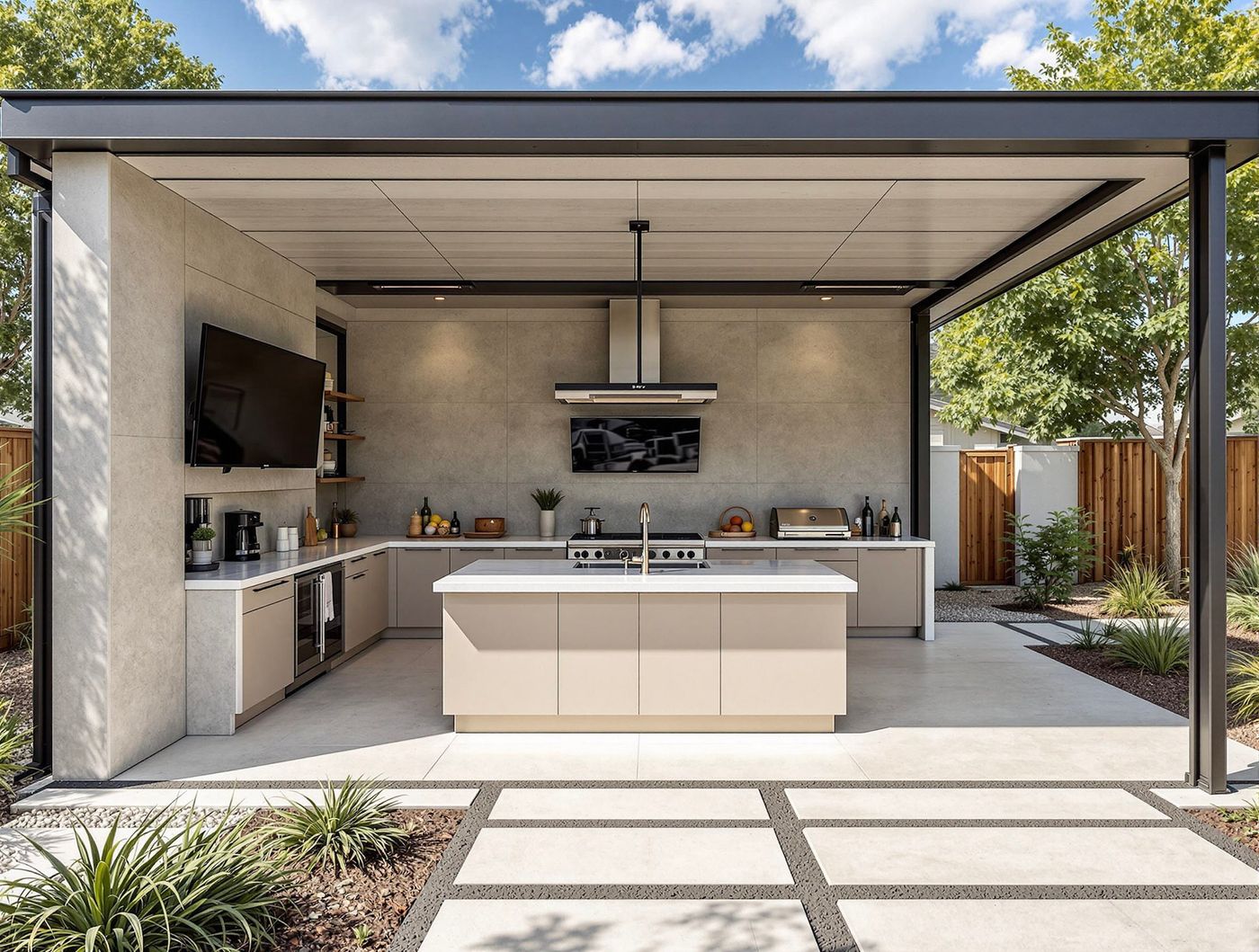 Minimalist Concrete Kitchen with Wall TV