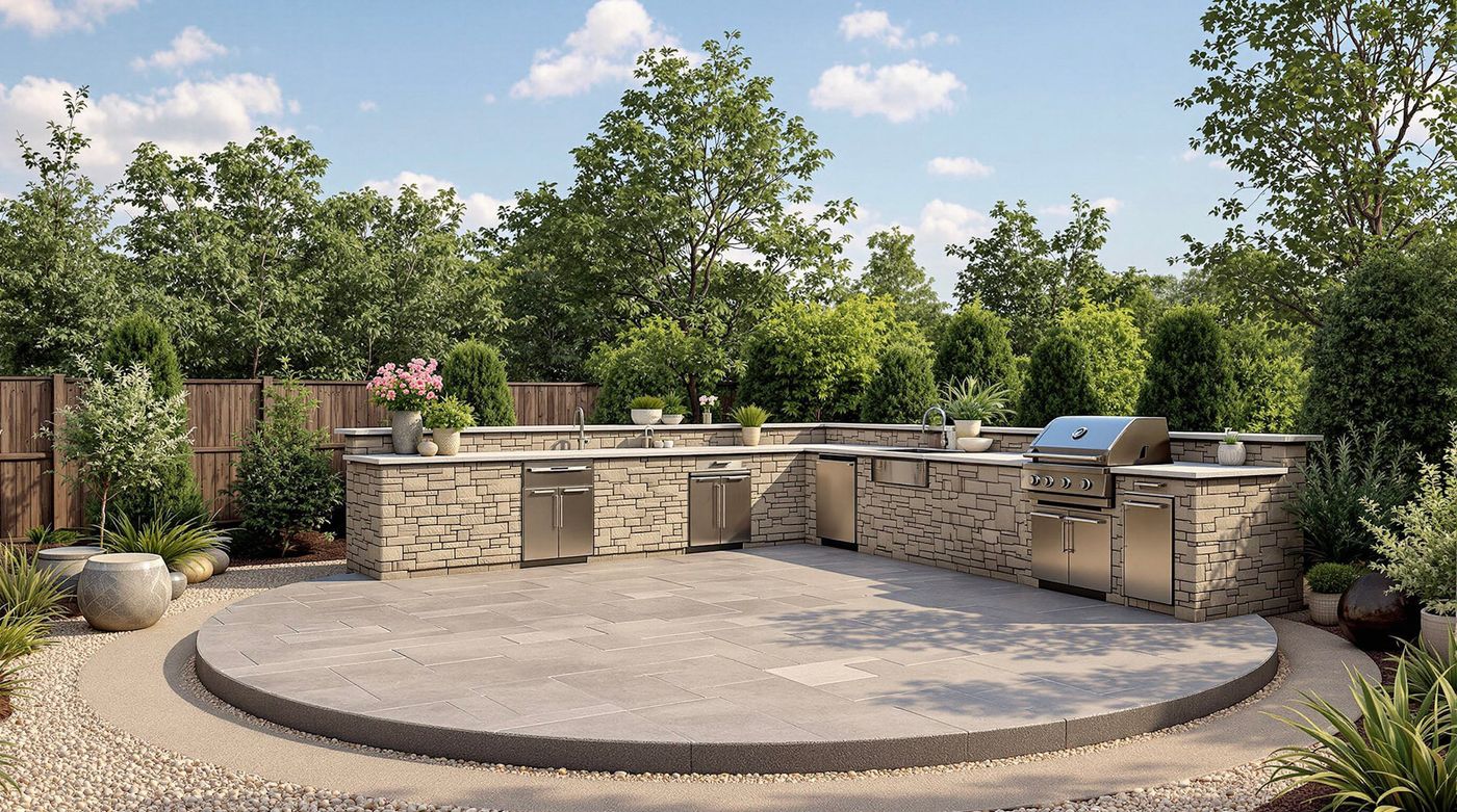 Stone-Pillar Kitchen with Curved Bar