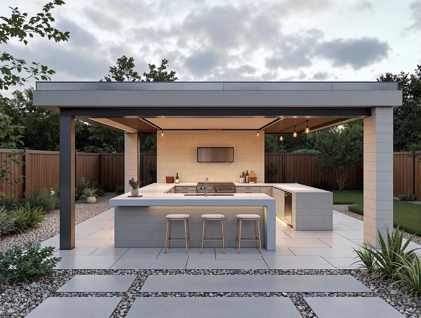 Gray Pergola Kitchen with Pendant Bulb Lighting