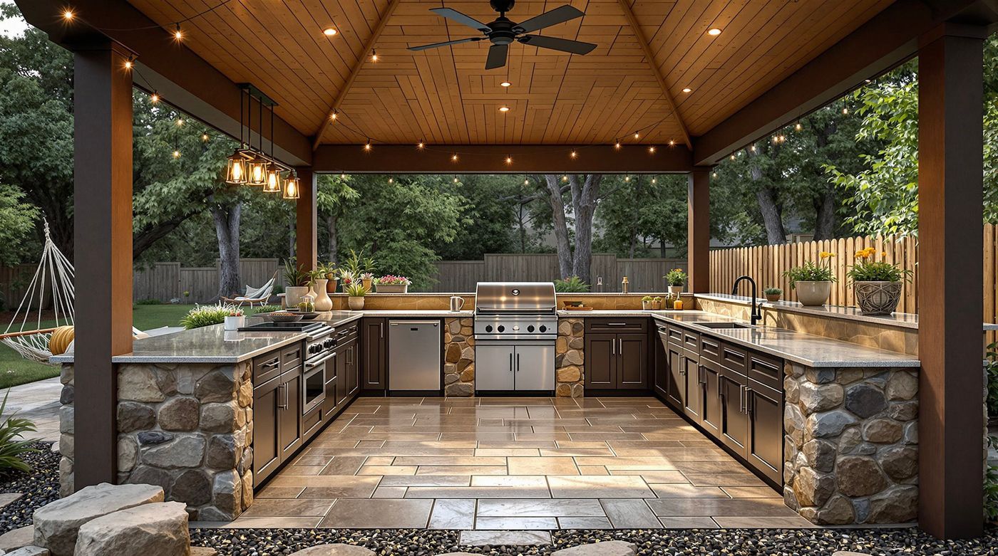 Wood-Beamed Kitchen with String Lights and Hammock