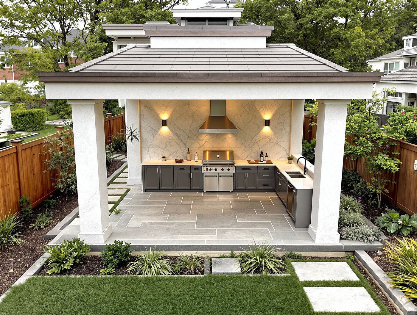 White Stucco Pavilion with Arched Backsplash