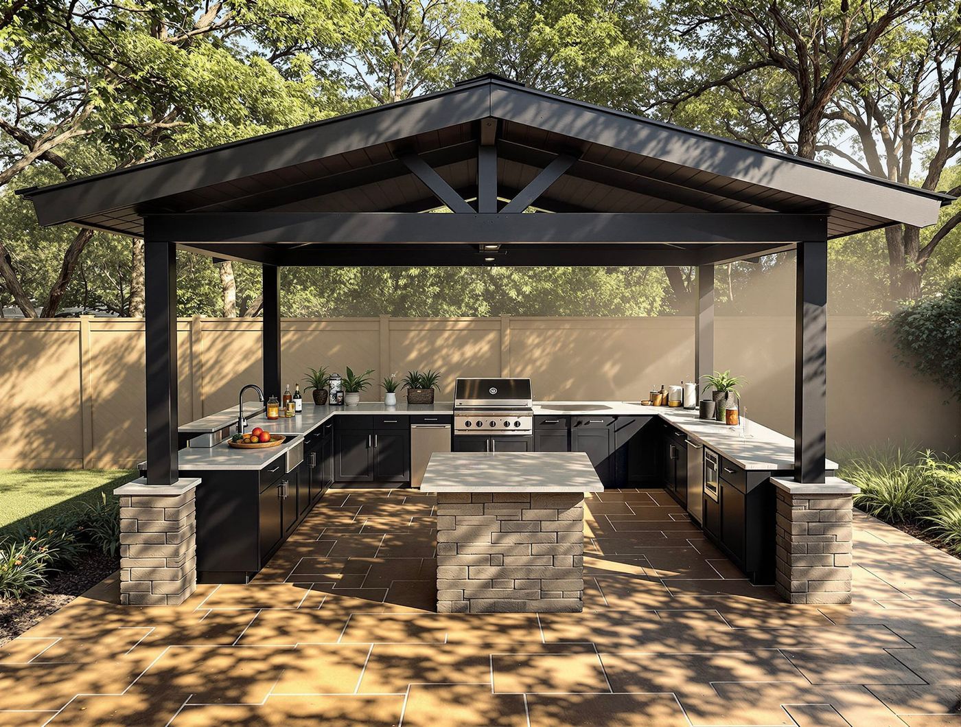 Black Steel Pavilion Kitchen on Terracotta Tile