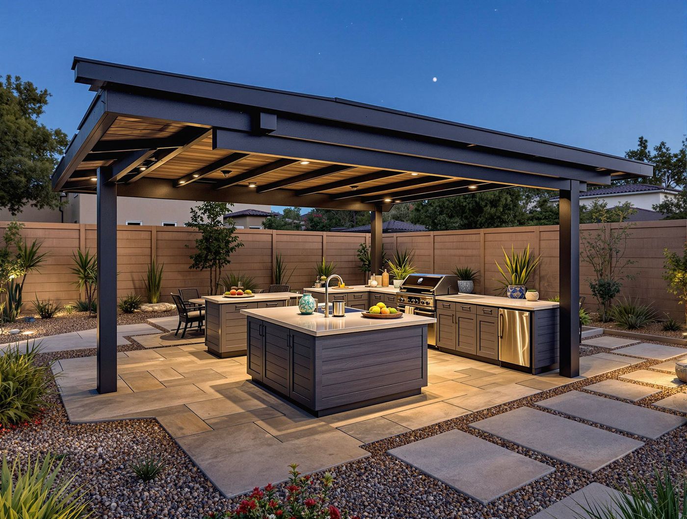 Angled Roof Kitchen Island at Dusk