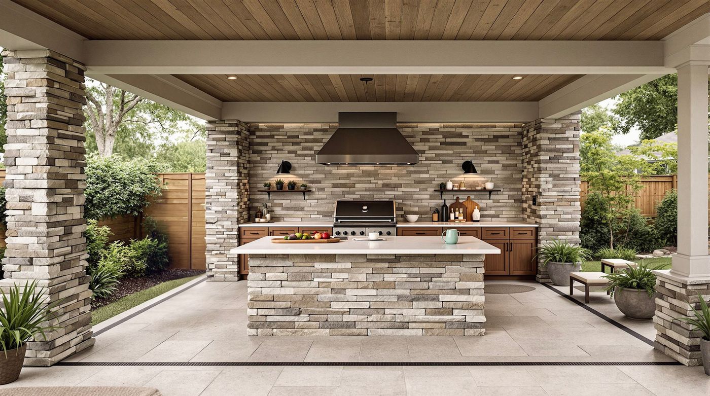 Open-Air Stone Pillar Kitchen with Wood Ceiling