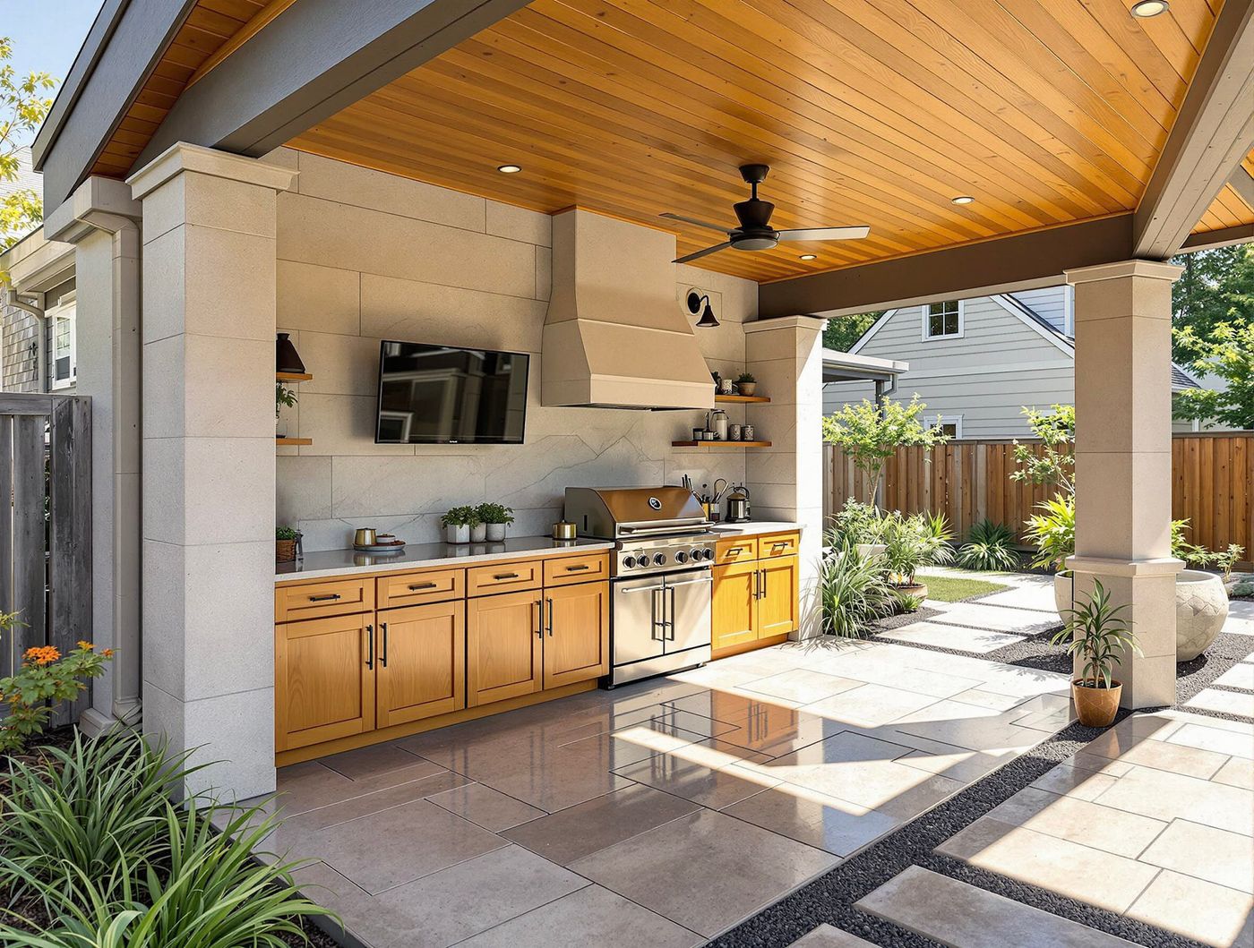 Covered Kitchen with Wood Plank Ceiling