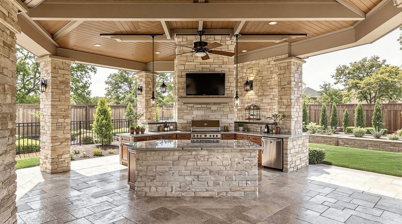 Stone Pillar Kitchen with Hanging Lanterns