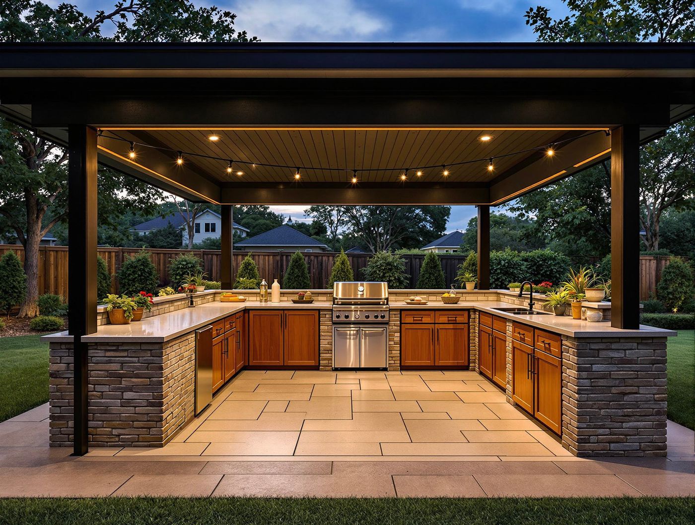 Twilight Kitchen with String Lights and Stone Base