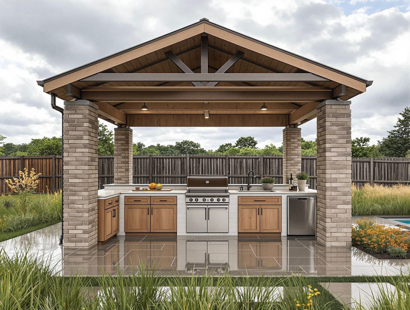 Gable-Roof Kitchen with Brick Piers