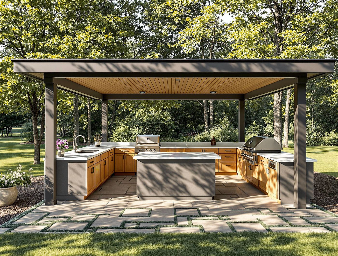 Flat Roof Kitchen with Waterfall Island