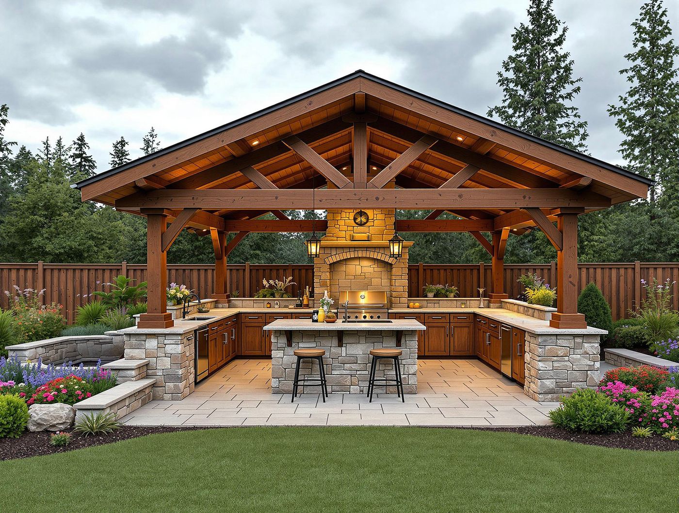 Timber Gable Kitchen with Stone Fireplace