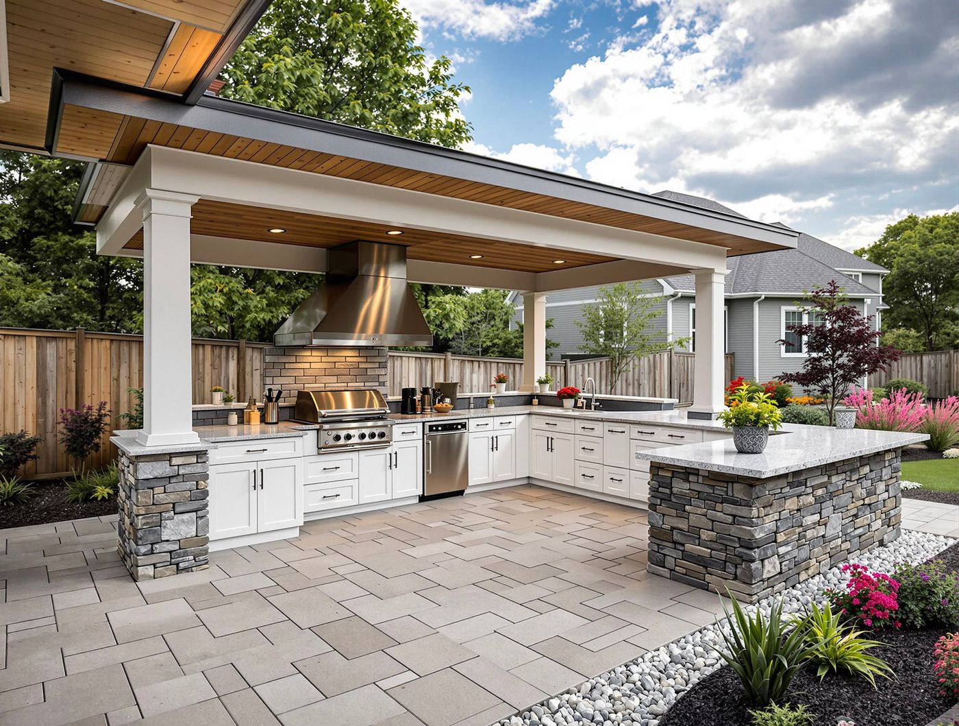 Stone Base Kitchen with Curved Roofline