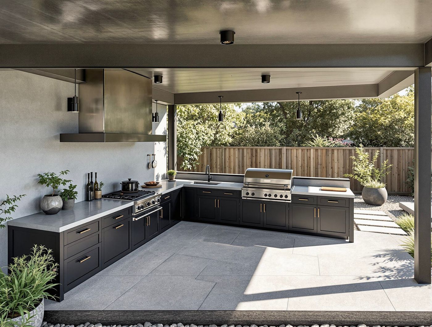 Charcoal Cabinetry Kitchen with Pendants
