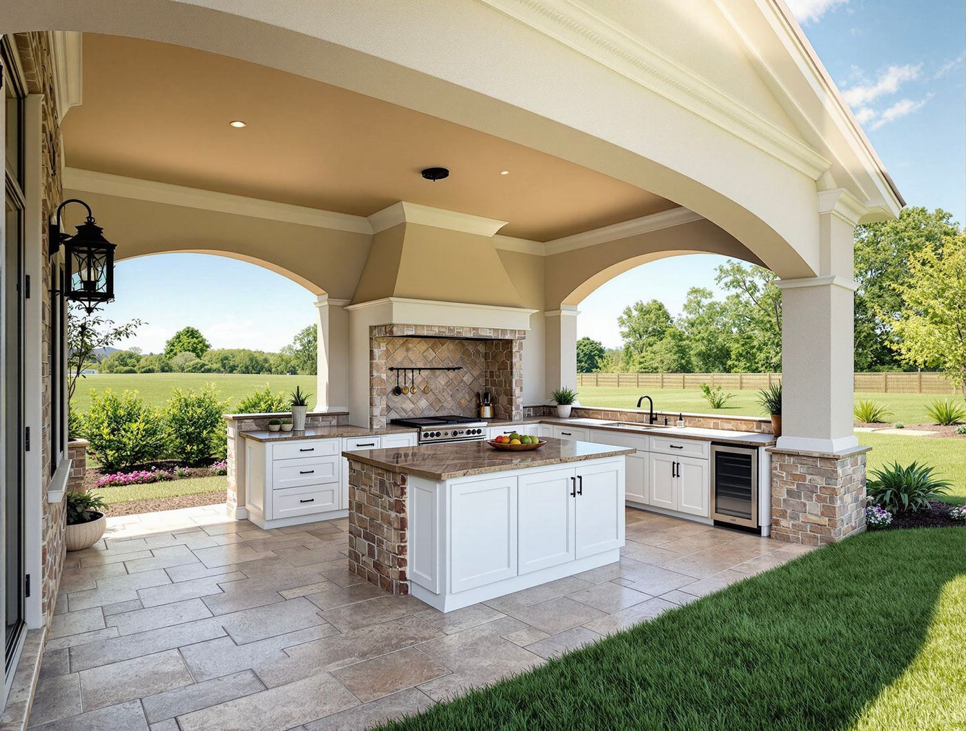 Arched Loggia Kitchen with Brick Backsplash