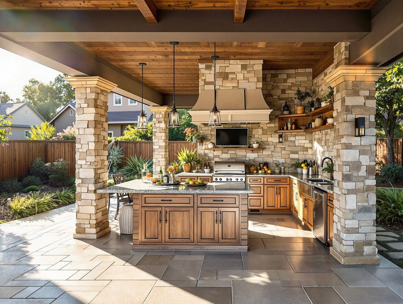 Rustic Stone Kitchen with Pendant Lighting