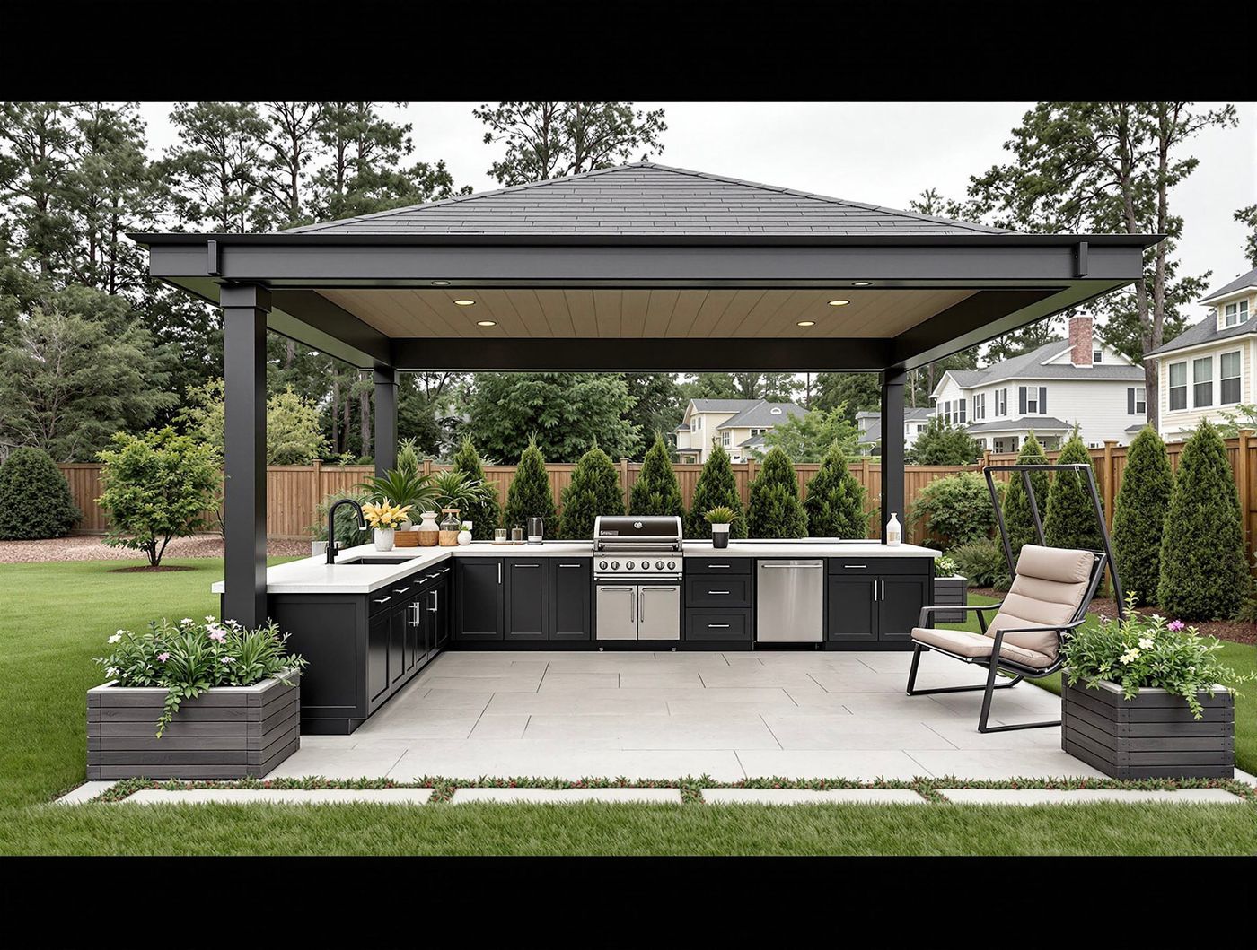 Black Outdoor Kitchen Under Gray Gazebo