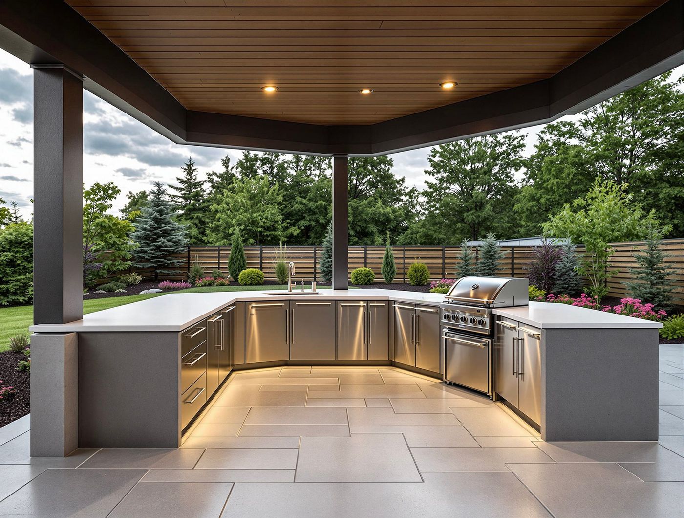 Stainless Corner Kitchen with Wood-Plank Ceiling